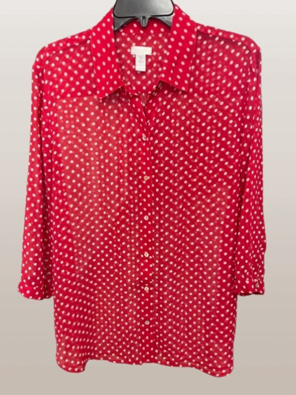 Chico's Red White Polka Dot Sheer Button Down Blouse Size 2 / Large